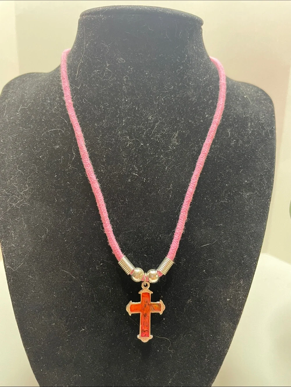 Pink Cord Necklace with Orange Cross Pendant